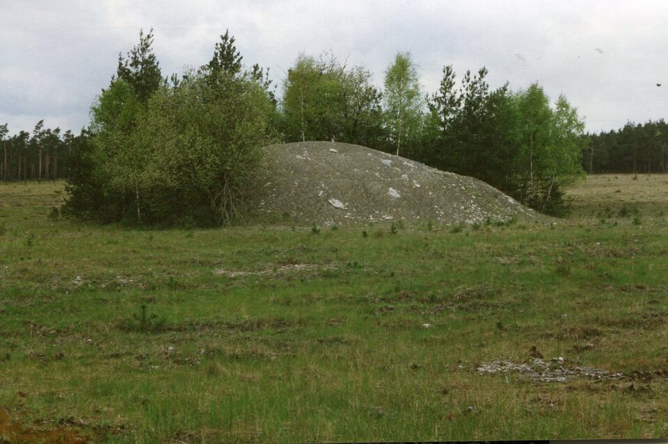 Eine große, graue Felsformation mit einem kleinen Hügel liegt in einem grasbewachsenen Feld, umgeben von Bäumen und einem bewölkten Himmel. Es handelt sich um einen Mergelhaufen.