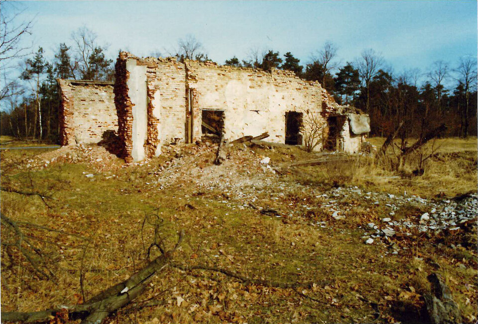 Ein baufälliges, teilweise eingestürztes Backsteingebäude, die alte Schule, steht inmitten eines Feldes mit trockenem Gras und heruntergefallenen Blättern, über dem ein klarer blauer Himmel hängt.