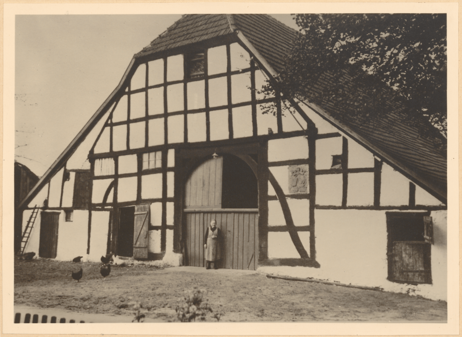 Eine Schwarz-Weiß-Fotografie eines Fachwerkhauses, der Poppen Hof, mit Holztür, Fenster und Dach, vor der eine Person steht und im Vordergrund Hühner zu sehen sind.
